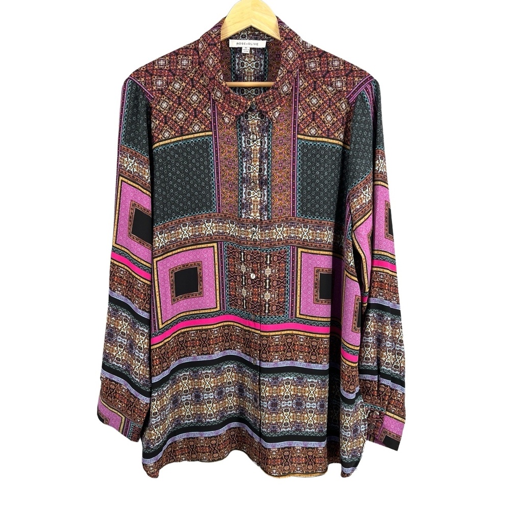 ROSE + OLIVE Shirt Patchwork Pattern Long Sleeve Collared Size Extra Large